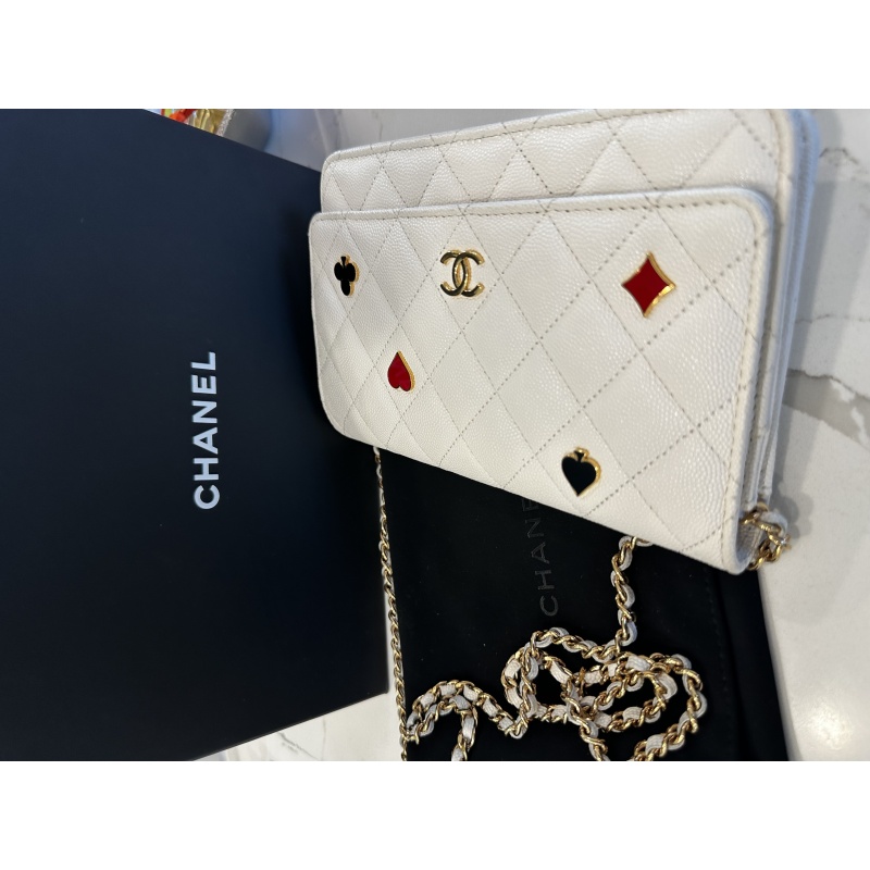 White Chanel Quilted Caviar Coco Casino Wallet on Chain