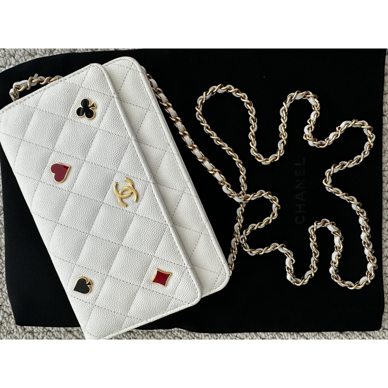White Chanel Quilted Caviar Coco Casino Wallet on Chain