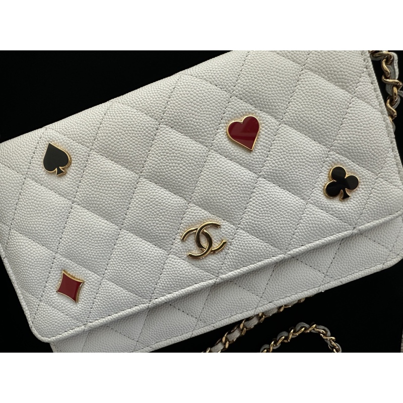 White Chanel Quilted Caviar Coco Casino Wallet on Chain
